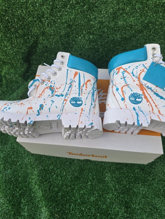Mens Timberland White and  Splash Blue Turquise  Boots Customade main image 4